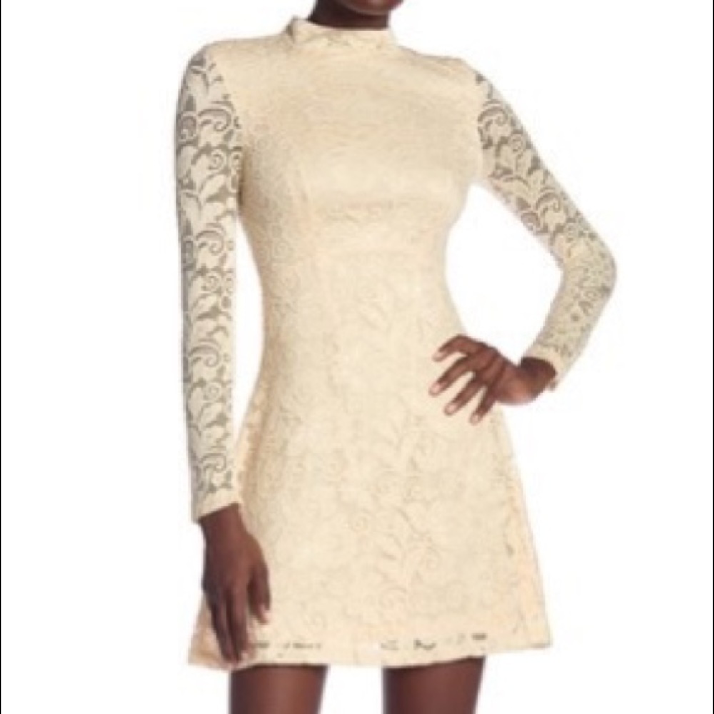 Long Sleeve High Neck Lace Cream Dress